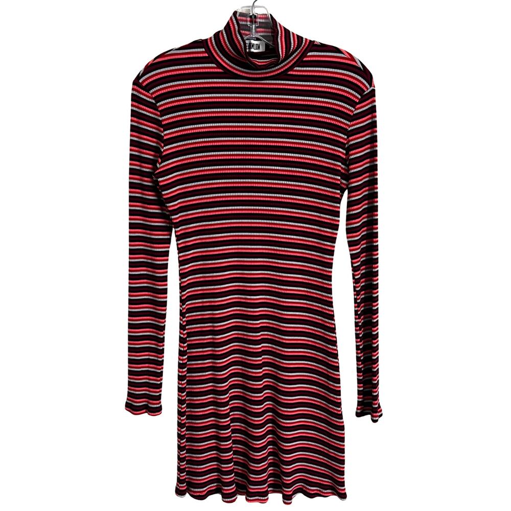 Reformation Striped Ribbed Knit Turtleneck Long Sleeve Mini Dress Size L